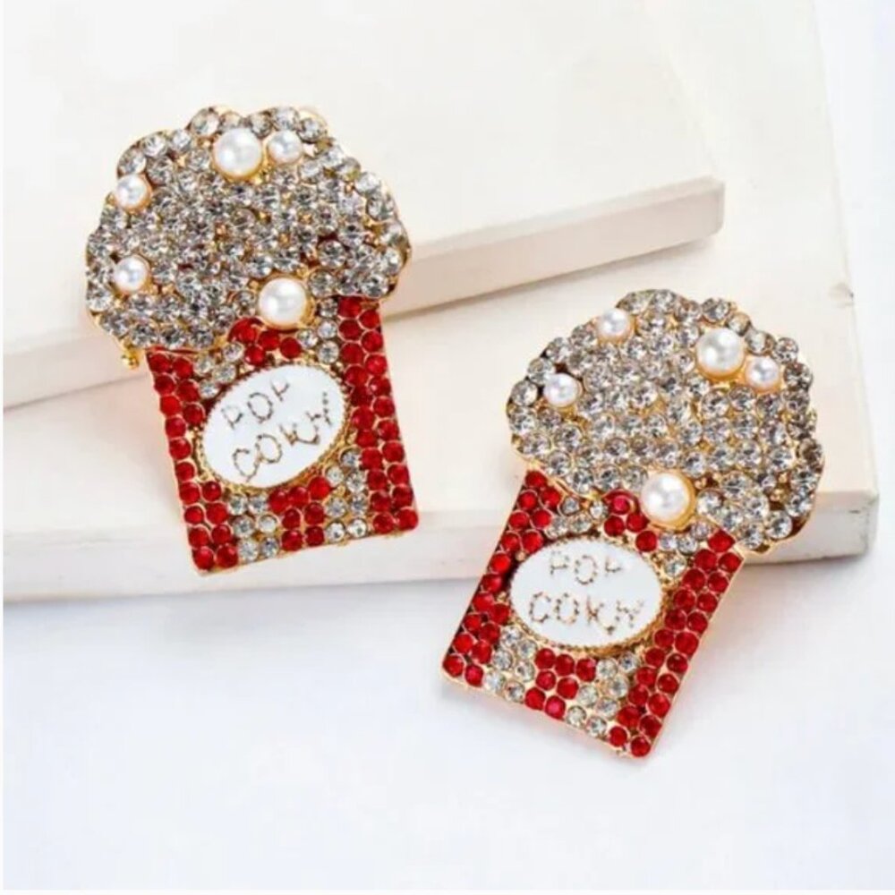 ⭐️❤️ FREE Popcorn Rhinestone Chic Art Pop Boho Graphic Snack Hipster Earrings